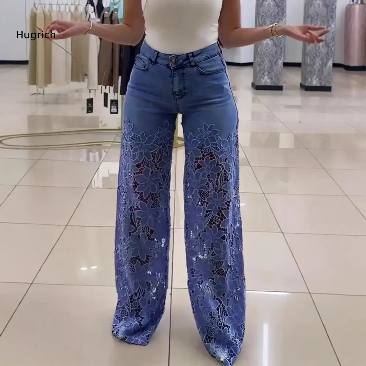 Light Blue Lace Patchwork Wide Leg Jeans Women High Waist Hollow Out Floral Pattern Casual Summer Denim Bottoms