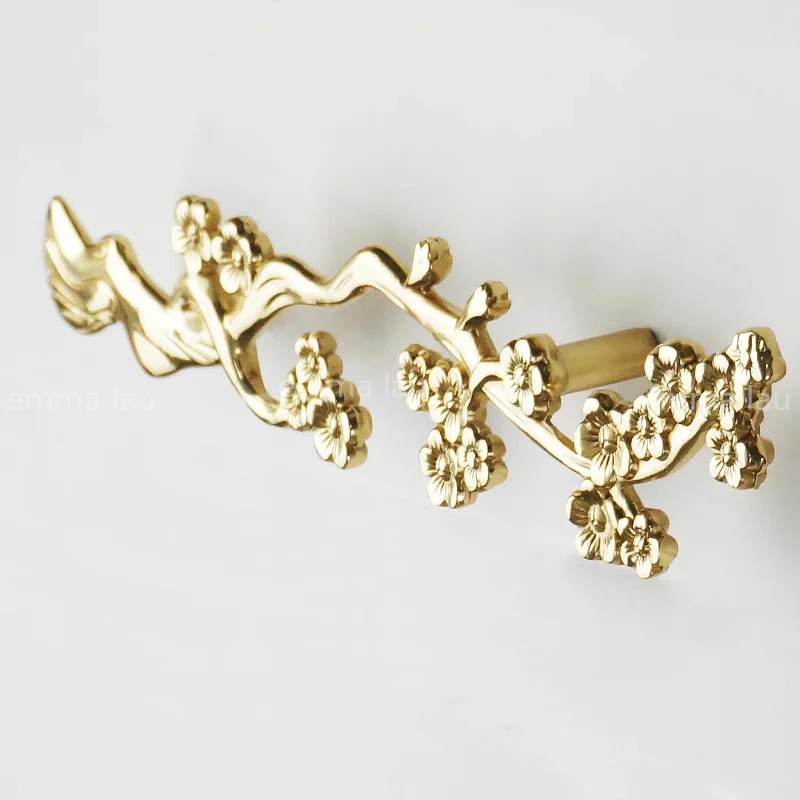 235mm Super Length Brass Plum Blossom Handmade Cabinet Door Handle Pure Copper Retro Wardrobe Knob Handles Furniture Pulls Diy