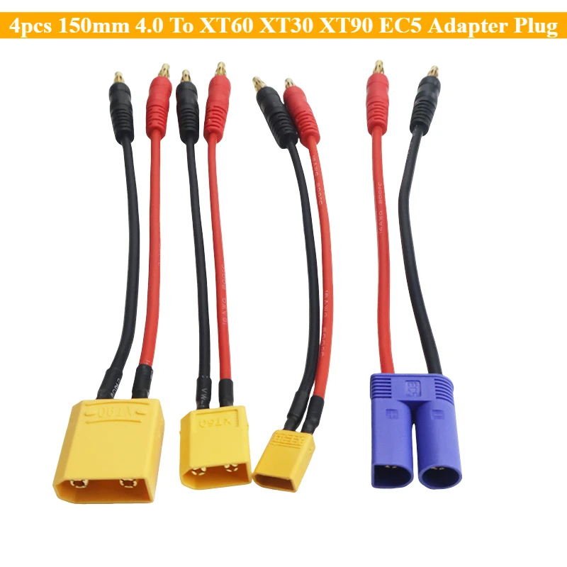 4pcs 150mm 4.0 To XT60 XT30 XT90 EC5 Adapter Plug Charge Lead 4.0 Banana Plugs Charge Cable Silicone Wire for Lipo Expand