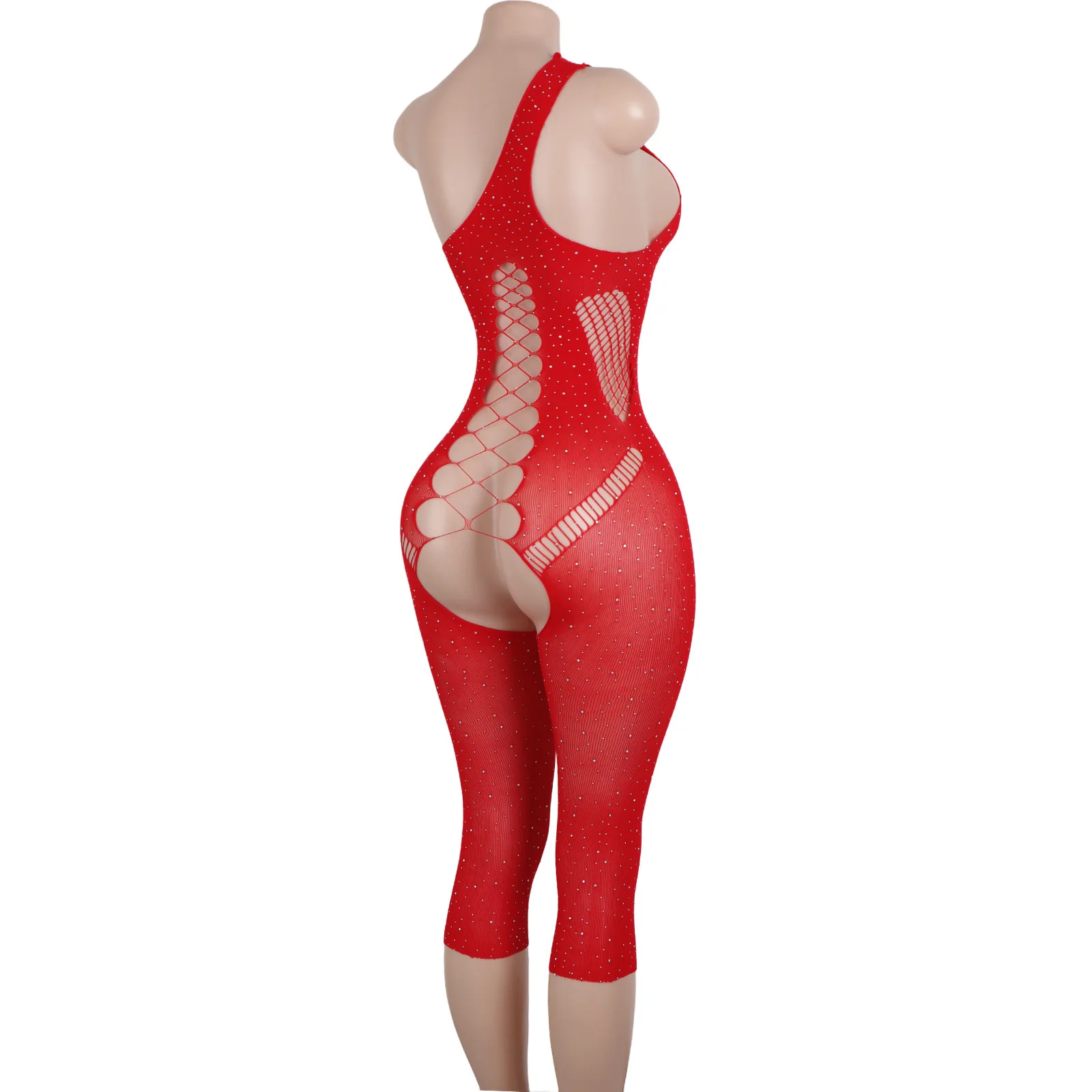 Sexy Lingerie Swimsuit Cutout Design Sheer Net Shorts Crystal Embellished Rhinestone Women's One Piece Exotic Dancewear Mesh