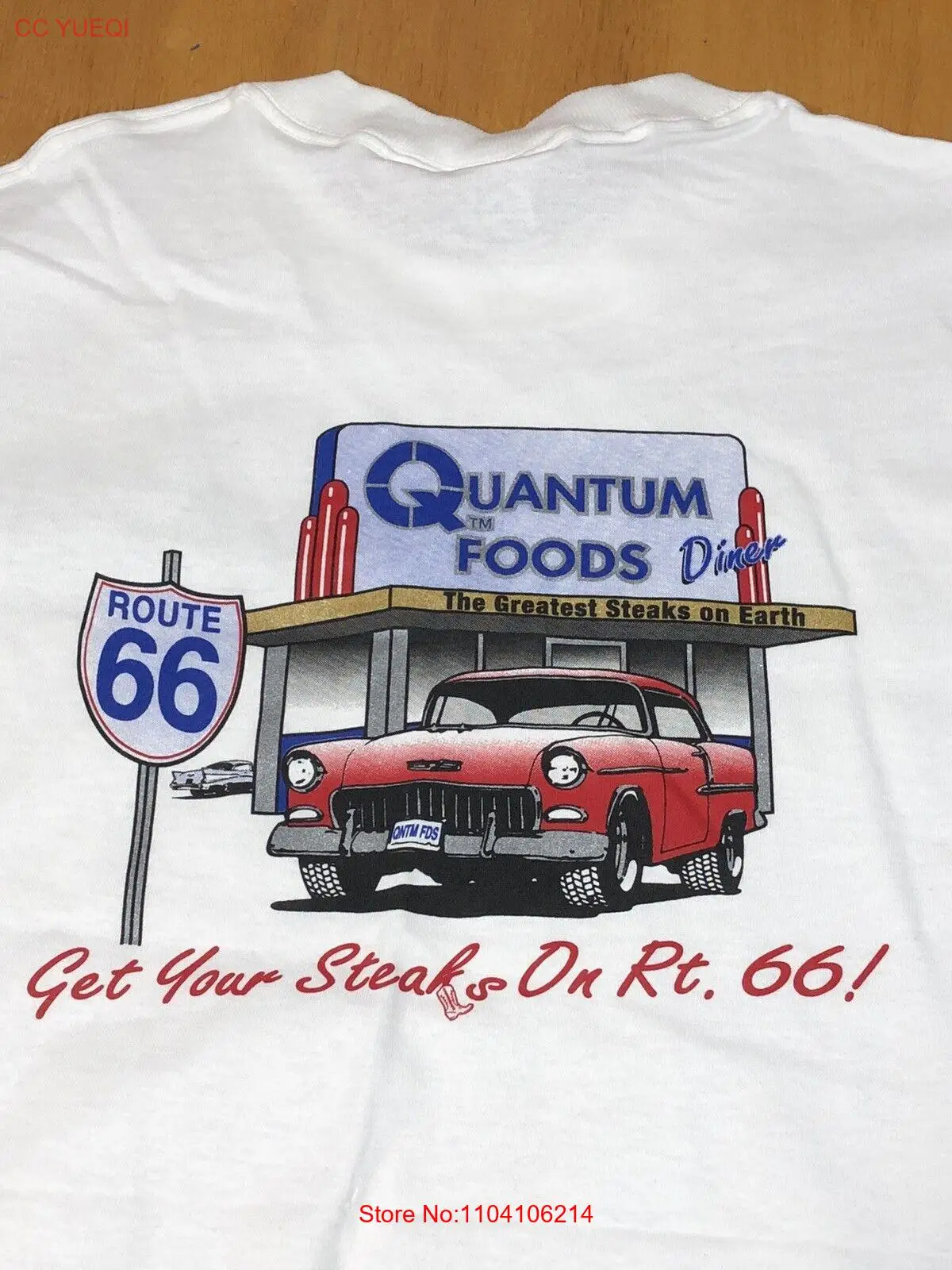 T-shirt vintage grande degli anni '90 Quantum Foods Diner Route 66 Ottieni i tuoi bistecche. Div per auto