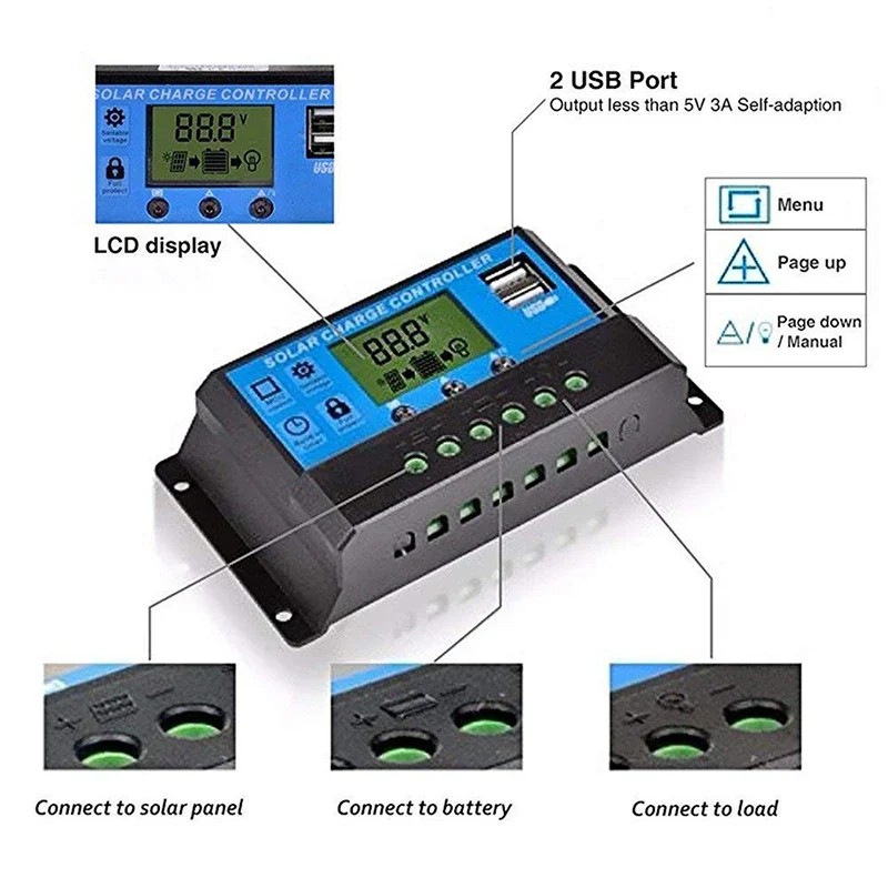 Solar Charge Controller 30A 10A 12V/24V Regulator Solar Panel PV Home with PWM Solar Charger LCD Display Dual USB Output DC 5V