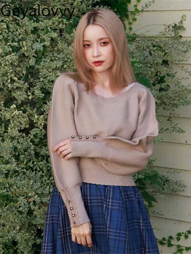 

Autumn Winter Sweet Simple Japanese Retro Commuting Round Neck Knitted Pullover Lace Button Long Sleeve Sweater Top for Women