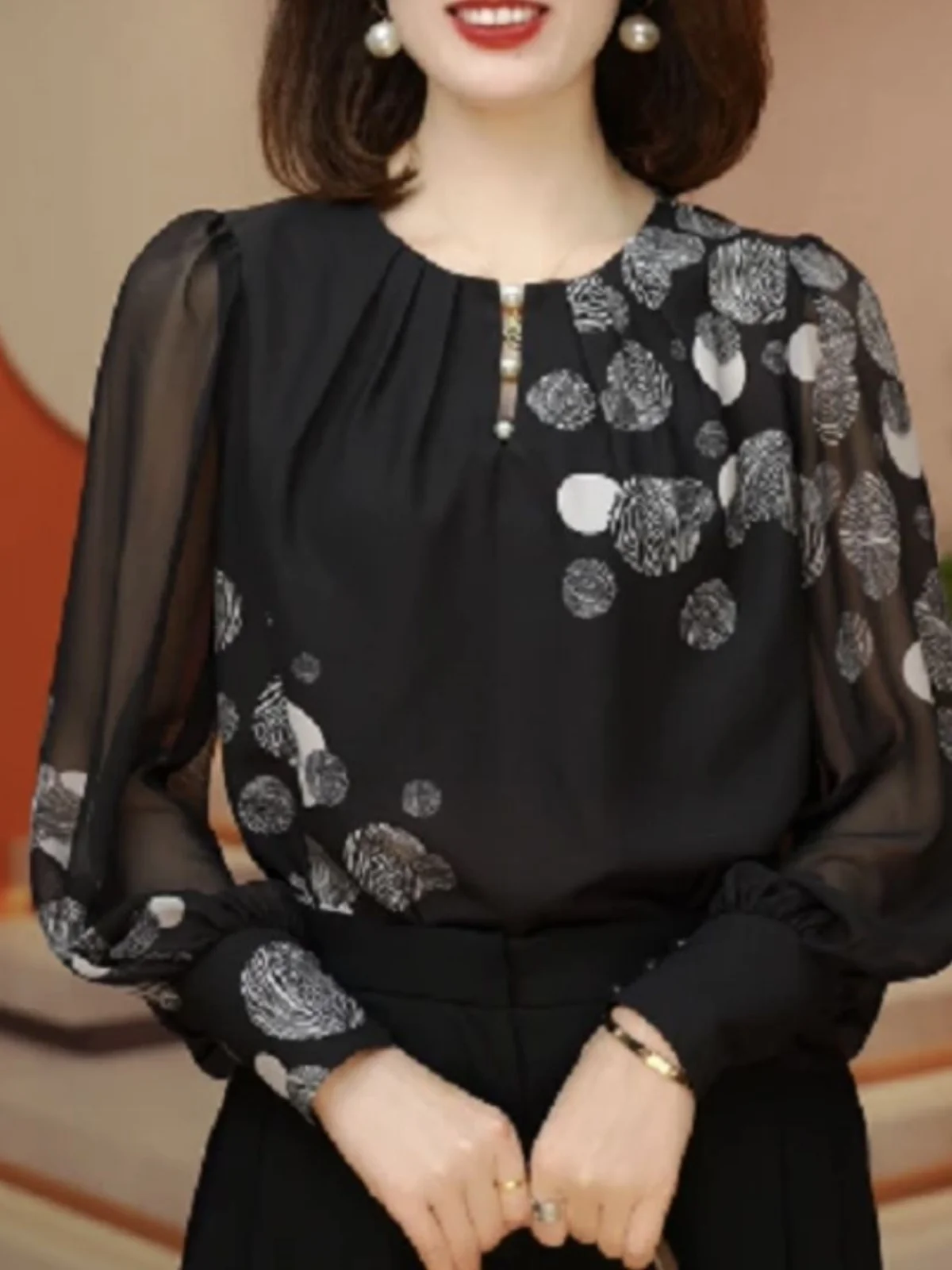 

Женская модная тонкая блузка с цветочным принтом и длинными рукавами, омолаживающая, весенне-летняя, свободного кроя, из полиэстера