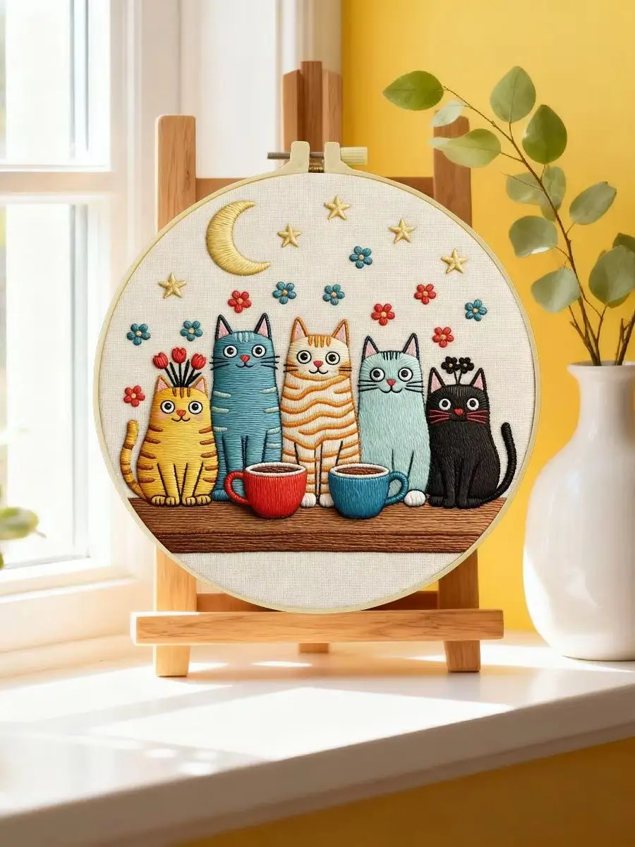 1 Stück 20X20CM/15X15CM 7,87/6,3 Zoll Niedliches Katzen-Stickerei-Starter-Kit DIY-Kit DIY-Stickerei-Set Handarbeiten Nadelkunst Nähkunst – Detail 6