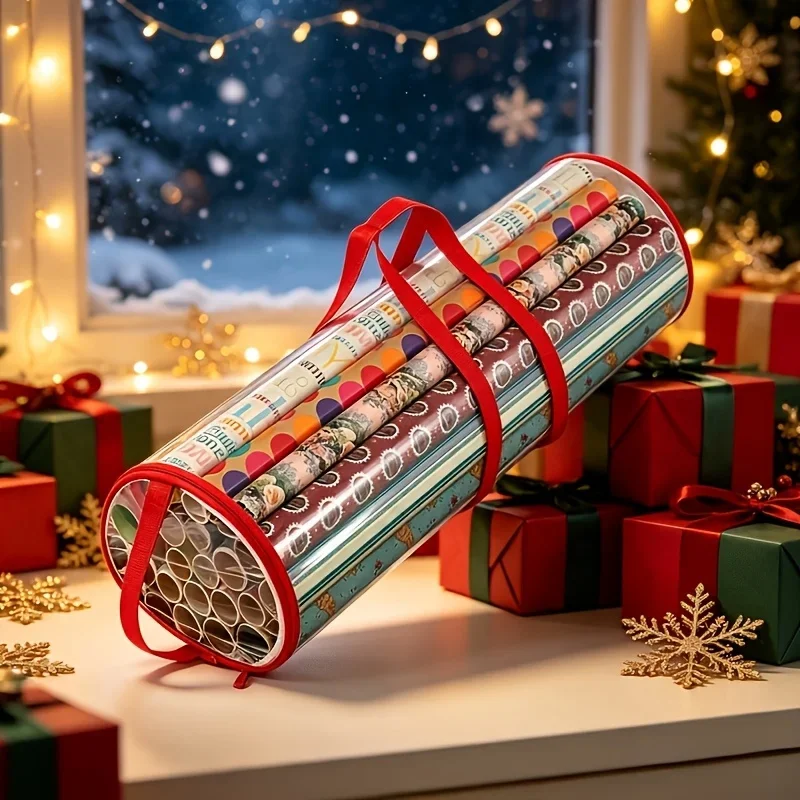 Tear-Resistant Wrapping Paper Storage Box With Handle - Portable Plastic Roll Holder For Gift Wrap Containers, Xmas Gift Bags