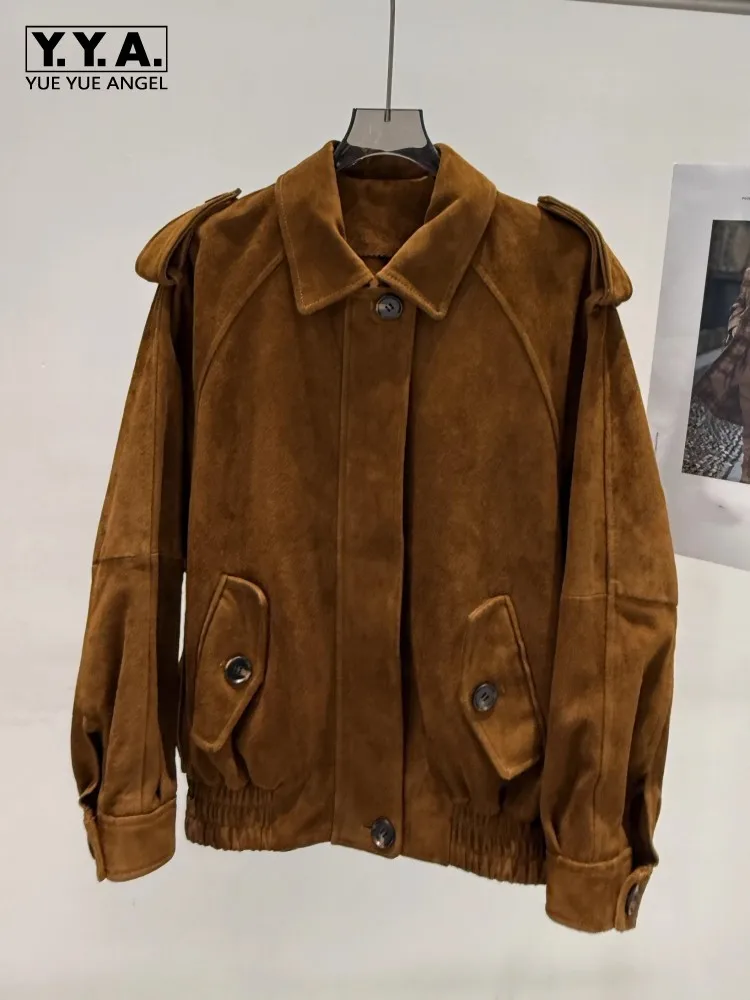 Vintage Lose Fit High Street Casual Frauen Echtes Leder Jacke Frühling Herbst Dame Hohe Qualität Wildleder Ziegenleder Motorrad Mantel