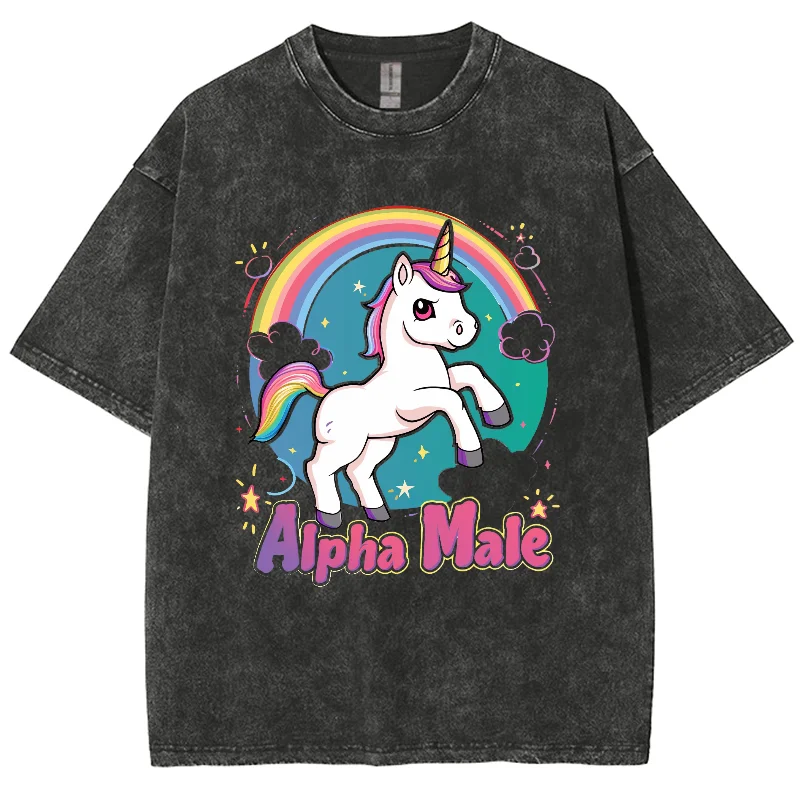 

2024 New Rainbow Pony Print Women's T-Shirt Washed Denim Comfortable Oversized Short Sleeve Cute Casual Youth Beautiful Teen Top