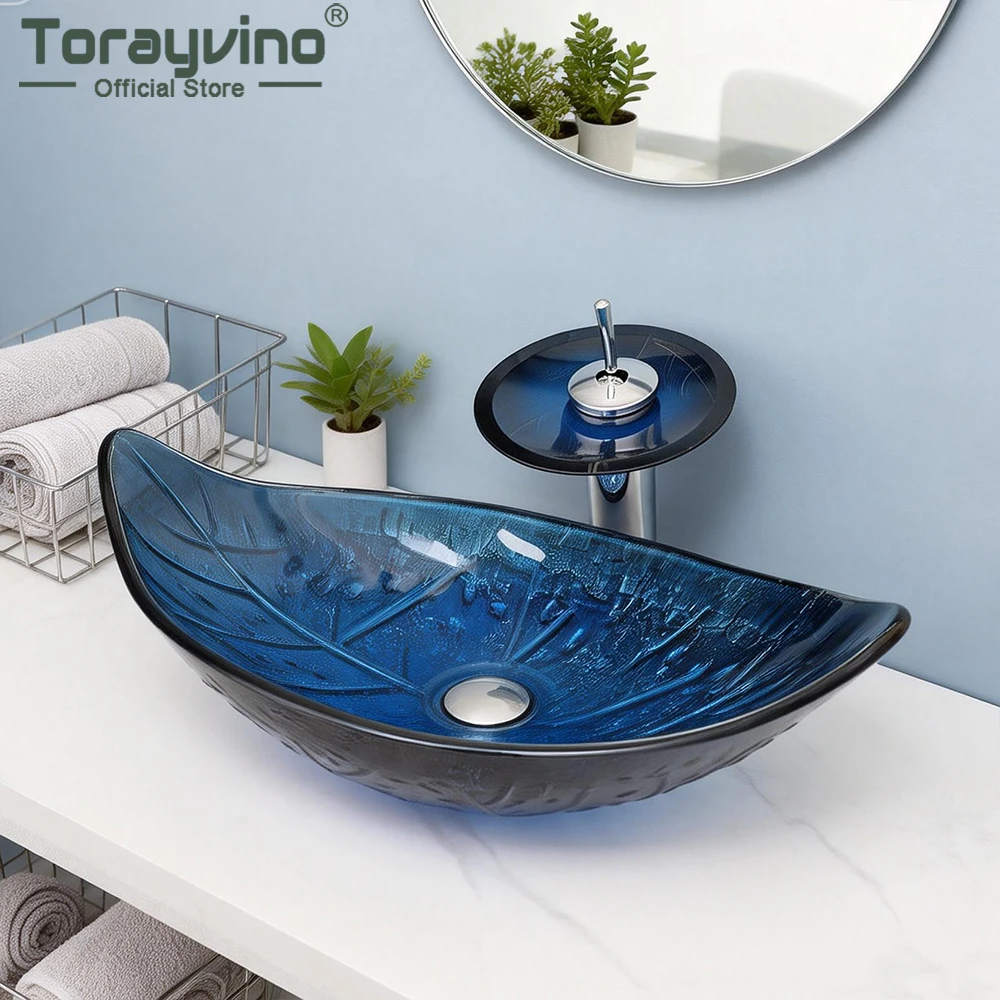 Torayvino Tempered Glass Hand Painted Blue Leaf Shape Waterfall Bathroom Faucet Basin Sink With Pop-up Drain Mixer Tap Set