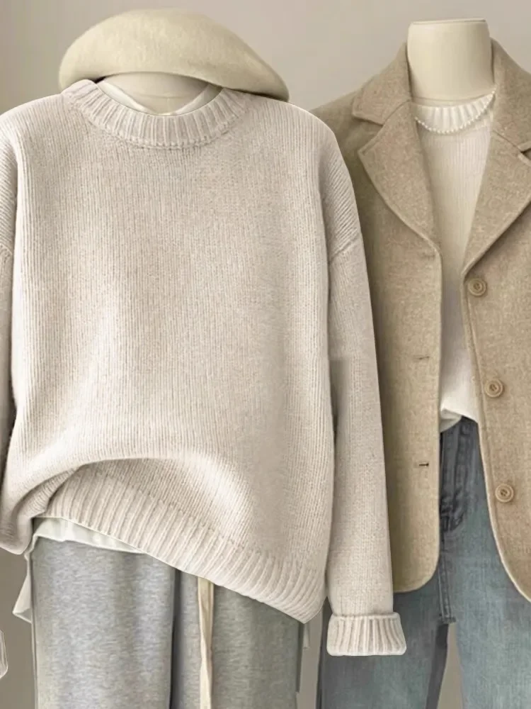 New High Quality Wool Knitted Women's Sweater Korean Fashion Solid Color O-Neck Long Sleeves Casual Loose Pullover Knitwear - Detail 1