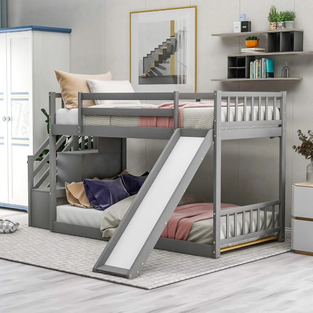 Low Bunk Bed with Stairs and Slide, Juniors Twin Over Beds with Slats, No Box Spring Needed, for Kids Boys Girls, Grey Bunk Beds