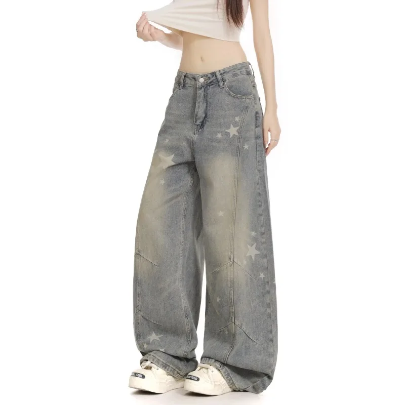 Original Small Batch Curved Knife Design Vintage Washed Star Loose Fit Vibe Style Long Jeans Low Waist Straight Leg Blue Denim