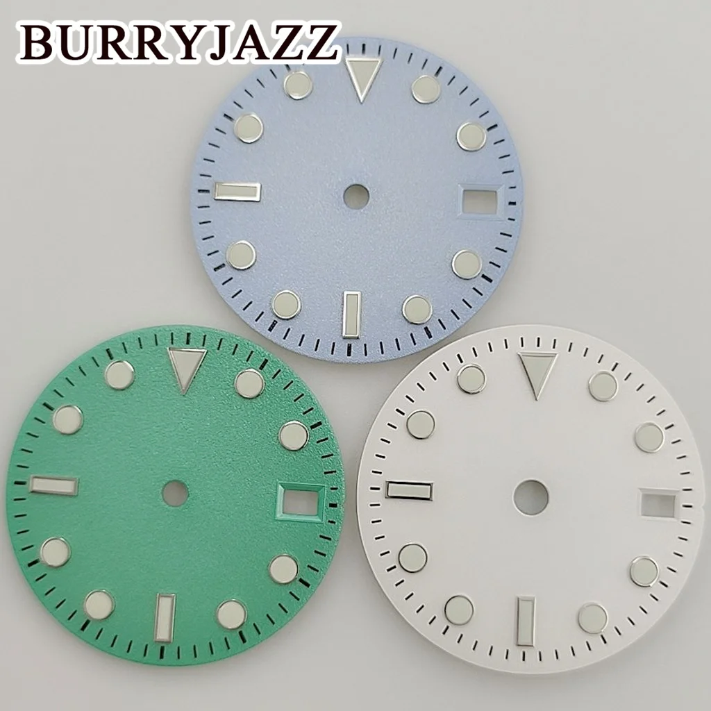 BURRYJAZZ 28.5mm No Logo NH35 Watch Dials Green Blue White Dial Green Luminous Fit 3 O'clock 3.8 O'clock Case Crown