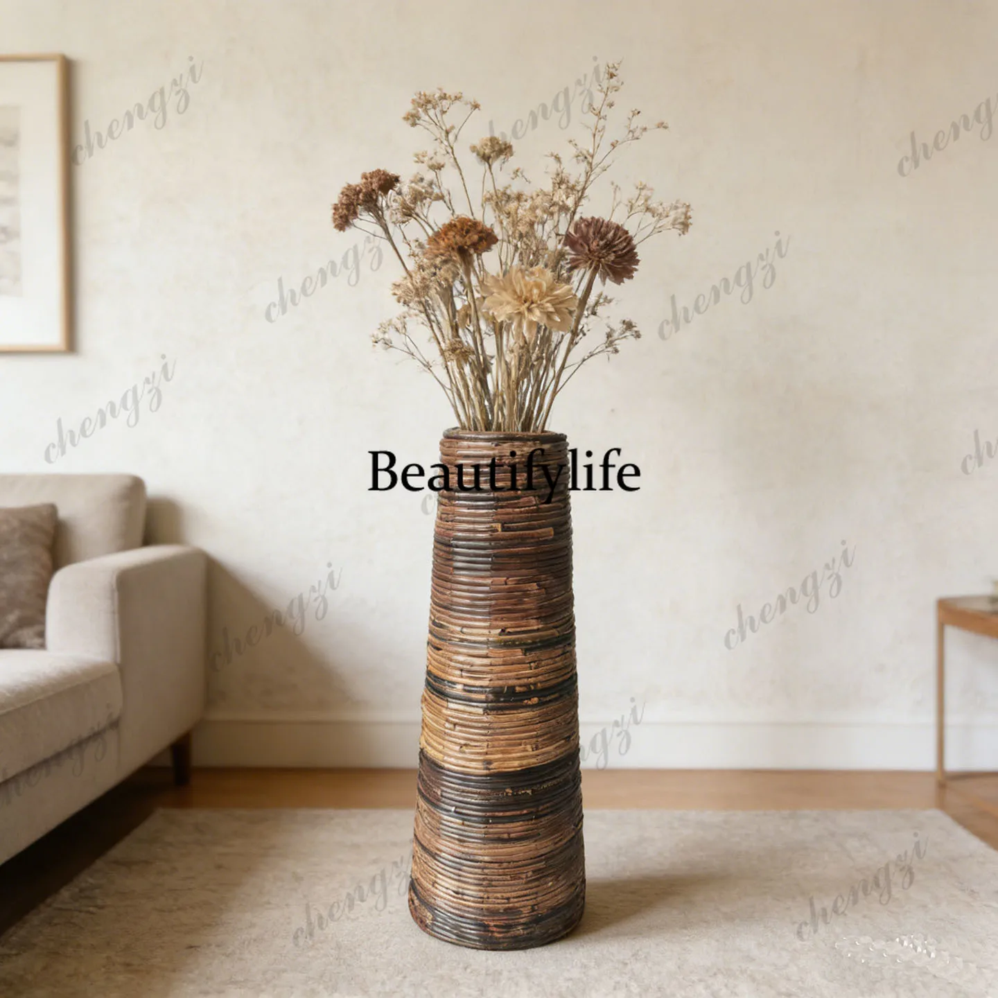 Wabi Sandy Wind Natural Rattan Floor Vase Designer Light Luxury High-end Living Room Decoration Ornament