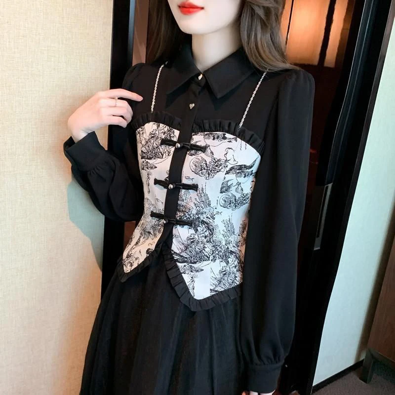 Spring Autumn Polo-neck Vintage Printing Ruffles Shirt Ladies Long Sleeve Elegant Fashion Irregular Blouse Female Cardigan Top