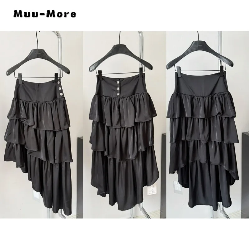 2024 Spring Vintage Elegant Solid Color Chiffon Mid Long Skirts Women's Casual Sweet Style High Waist Black Slim Fit Sexy Skirt