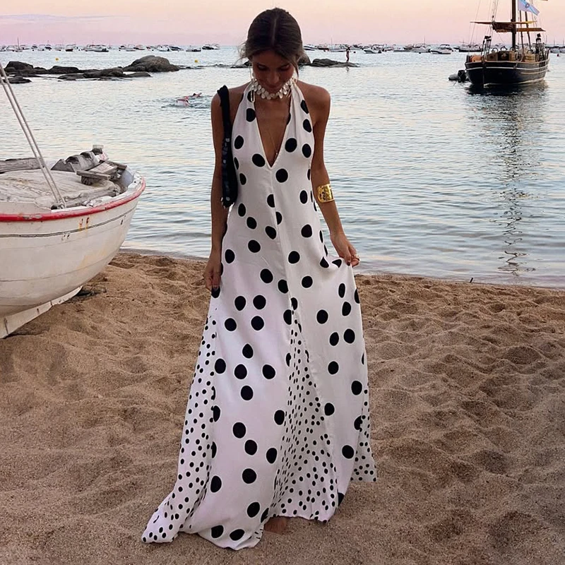 

Typhaland Polka Dot Splice Backless Long Dress Women's Fashion Sexy Deep V neck Lace Up Dress Backless Lady Elegant Halter Dress