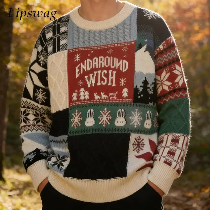 

Стильный вязаный крючком мужской свитер с геометрическим рисунком, весна-осень 2026, новый повседневный джемпер в рождественском стиле, топы, вязаные мужские свитера с длинными рукавами