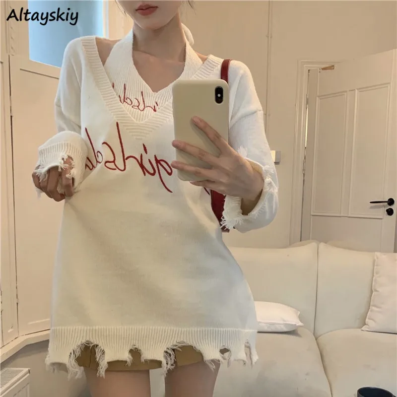 

Sweater Sets Women V-neck Baggy Tassel Pullovers Slimming Camis Gentle Lazy Vibe Spicy Girls Korean Style All-match Casual Chic