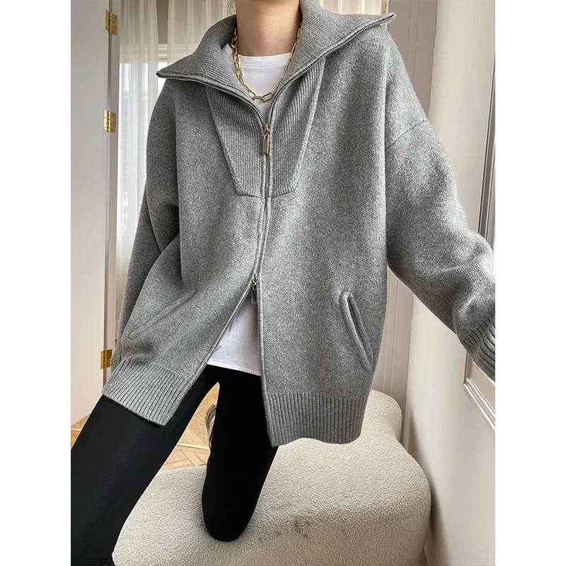 Women's Casual Solid Double Zipper Lazy Fashion Big Loose Profile Lapel Knit Cardigan Sweater Ladies' Autumn&Winter Clothings