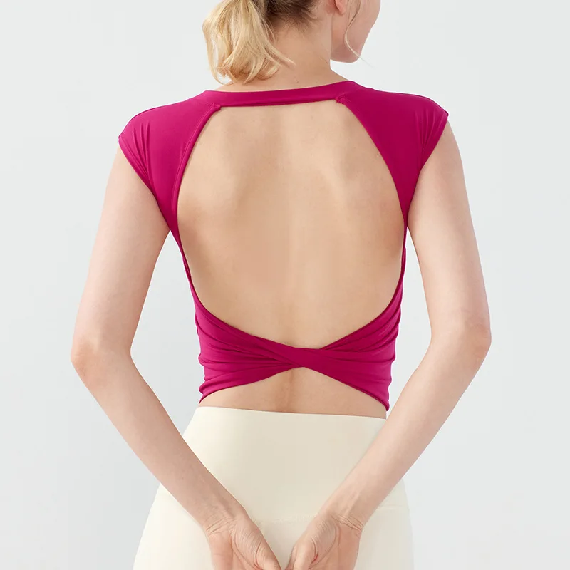 Spring Summer Yoga Short Sleeve Top Women Built-in Bra Crop Tee Sexy Backless Workout Shirt Waist Trimmer Gym Vest