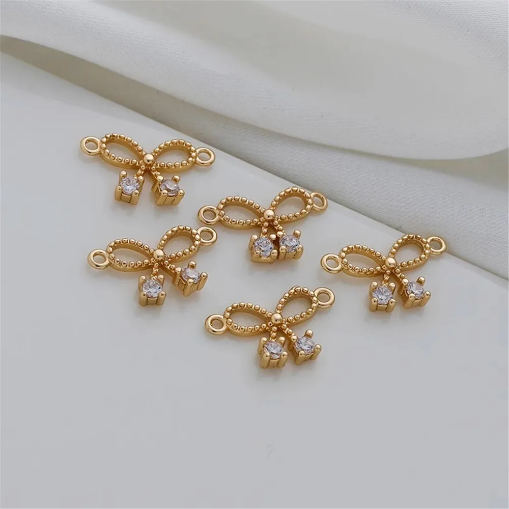 

14K Gold Inlaid Zircon Bow Double Pendant Bracelet Necklace and Small Pendant, DIY Earrings, 9*14mm