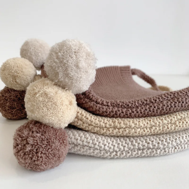 Pompon Baby Mütze Säugling Herbst Winter warme Häkel haube Kleinkind Gehörschutz Pullover Mütze Kinder einfarbige Strick mütze – Detail 6