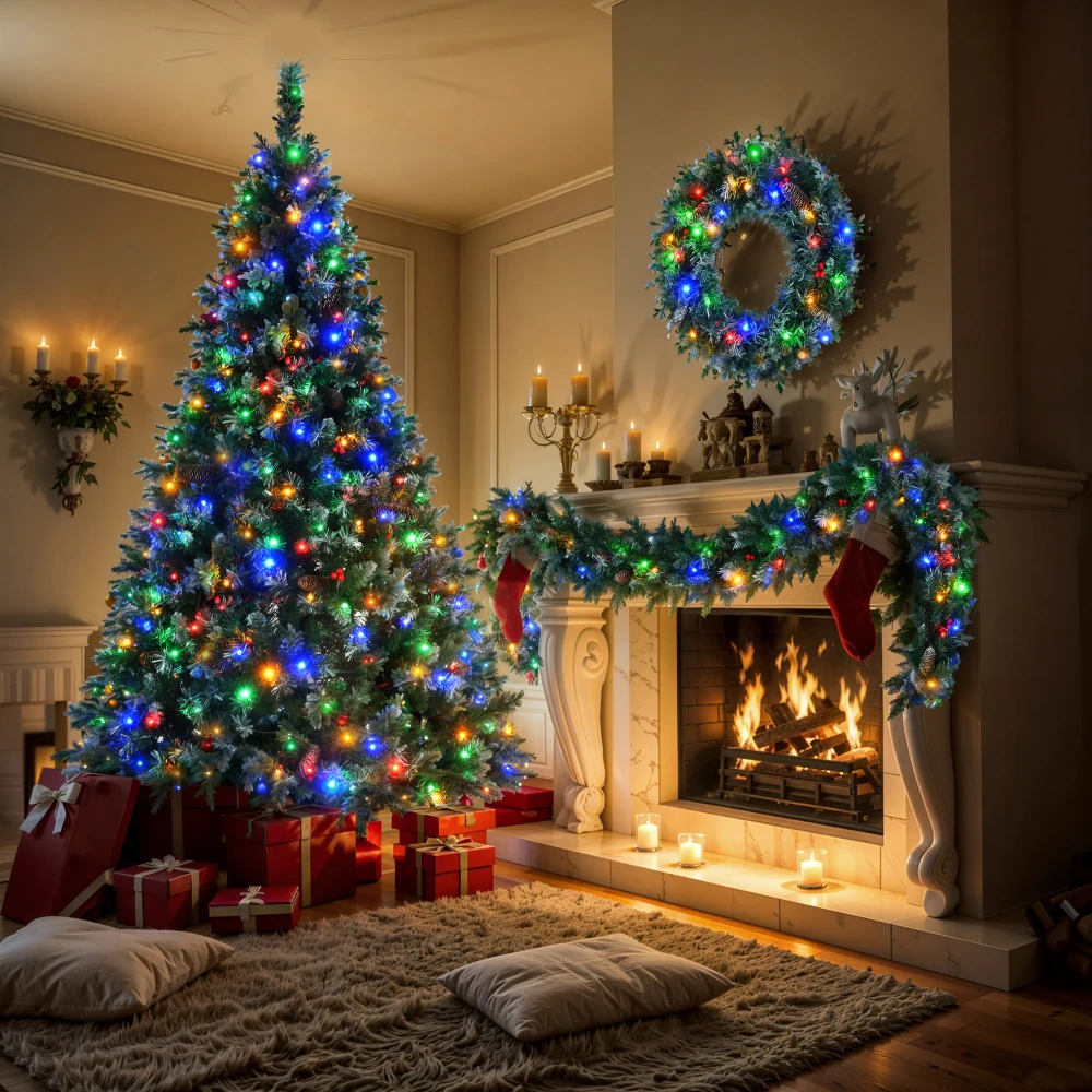 Juego de árbol de Navidad de pino verde oscuro de 6 pies: preiluminado con guirnalda y corona, árbol artificial con bisagras y puntas blancas, 11 modos coloridos