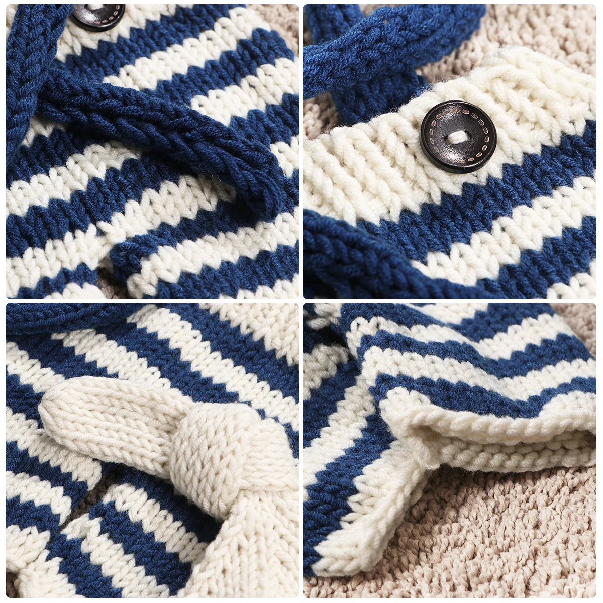 

Newborn Baby Photography Outfit Hand-Knitted Crochet Set Beige Hat Navy Pants Striped Costume Baby Photoshoot Clothes Newborn