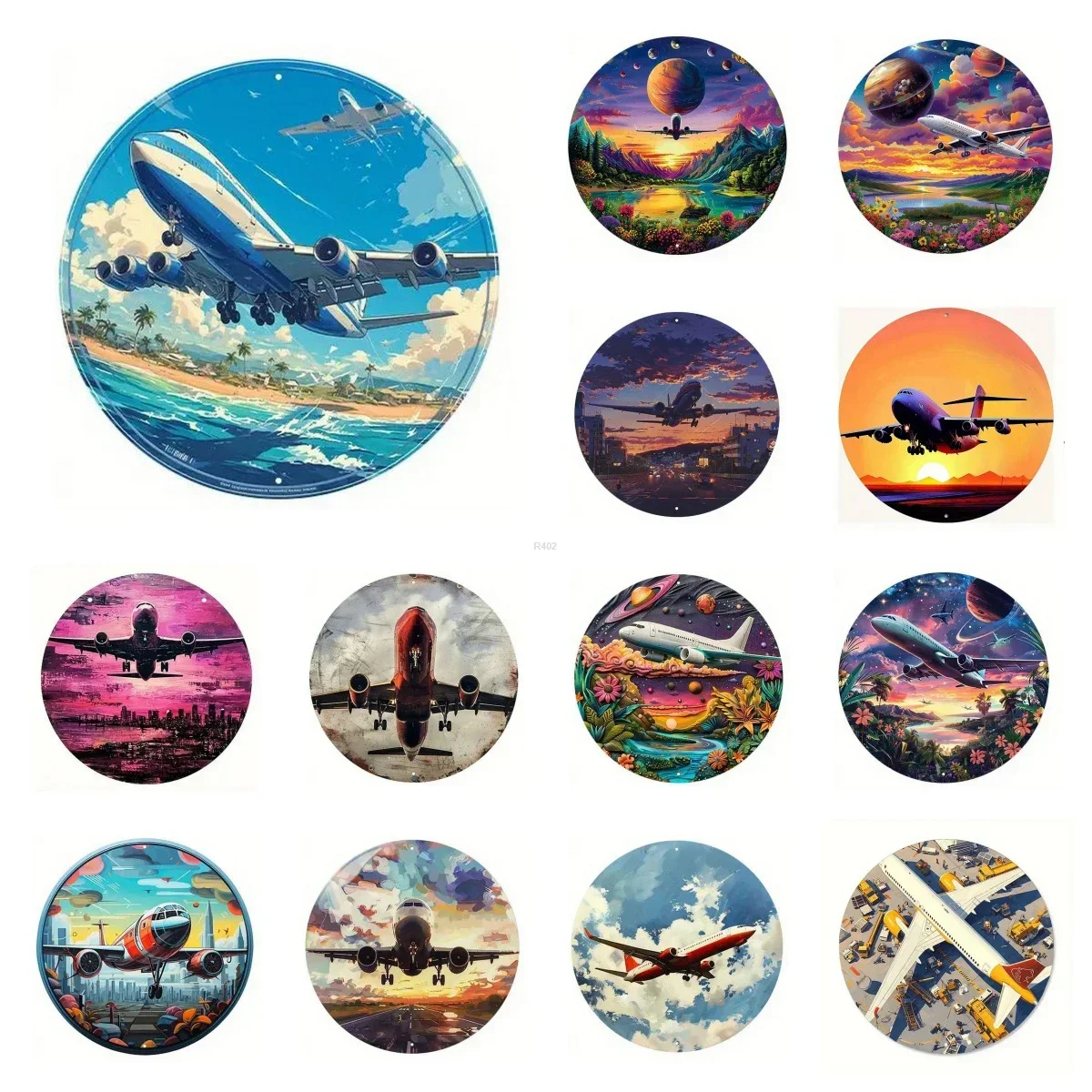 Retro Round Metal Tin Signs 2D Flat Air Plane Decor Pattern Nostalgic Iron Painting Novelty For Cafe Bar Man Cave Wall Decor