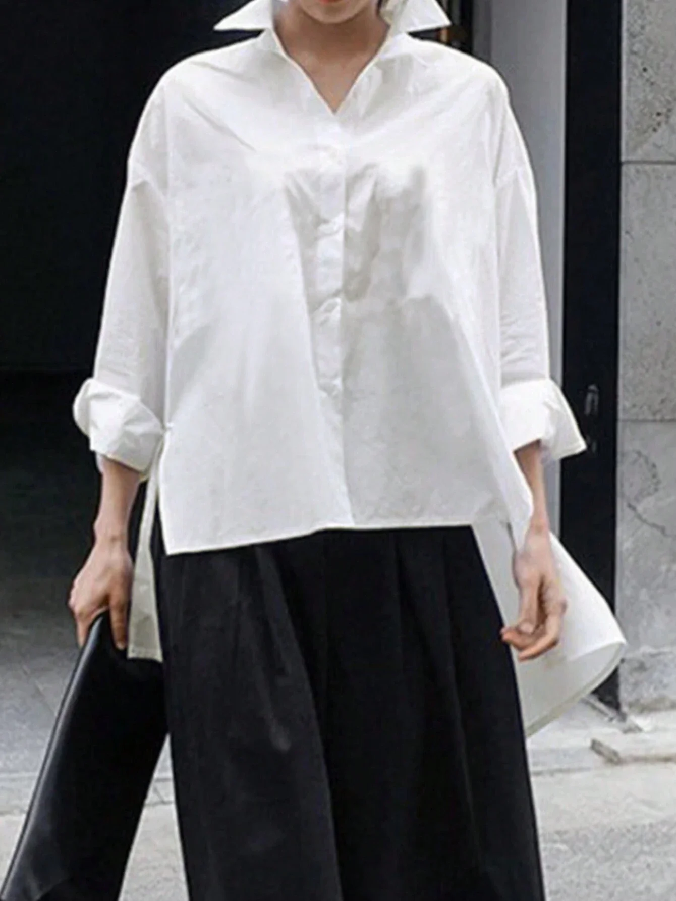 

Solid Drop Shoulder High Low Hem Long Sleeve Blouse Women Casual Shirt