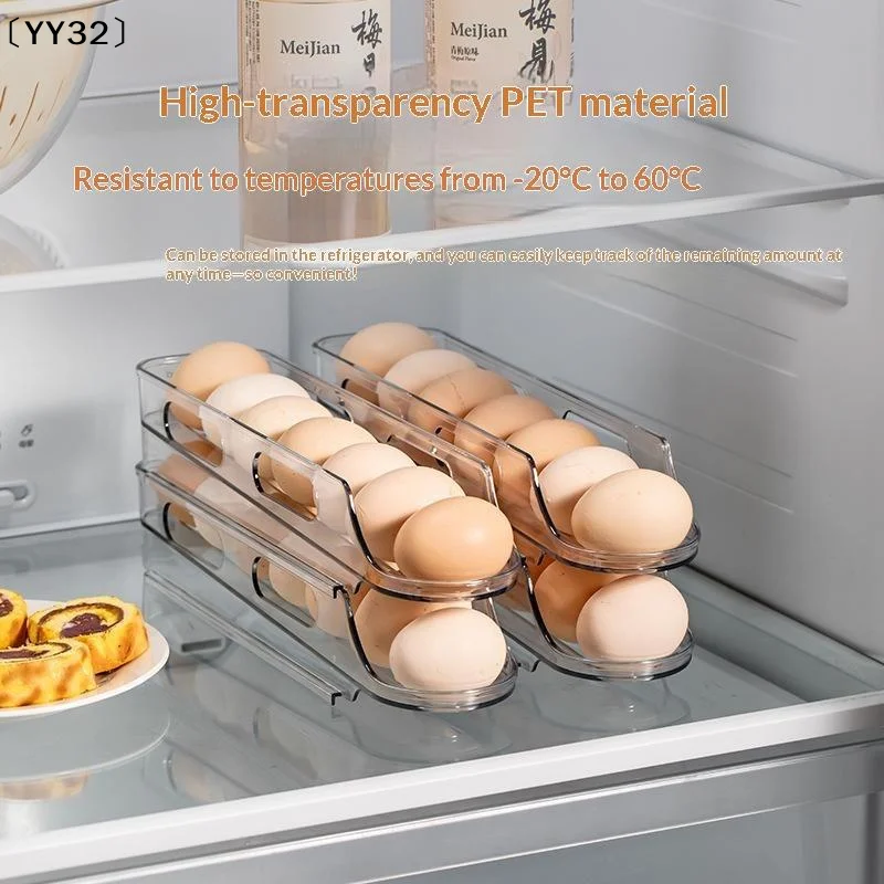 Transparent PET Auto Roll-Down Egg Holder, Fridge Space Saver Egg Storage Box, Automatic Rolling Egg Rack For Refrigerator〔YY32〕