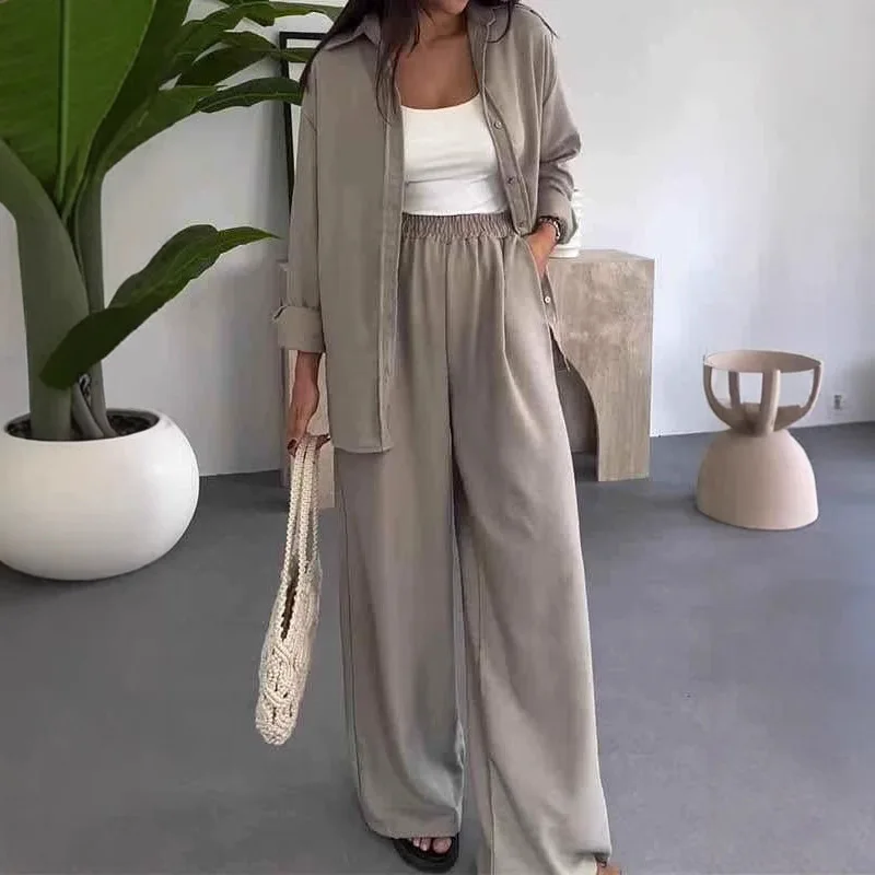 2026 Autumn Solid Color Commute Two Piece Set Women Long Sleeve Shirt & Wide Leg Pants Outfit Chic Sexy Lapel Button Casual Suit