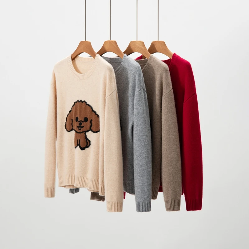 

Autumn Winter Women O-neck Cashmere Pullovers Sweater 100% Cashmere Knitwear Teddy Pattern Soft Grace Long Sleeve Clothing Tops