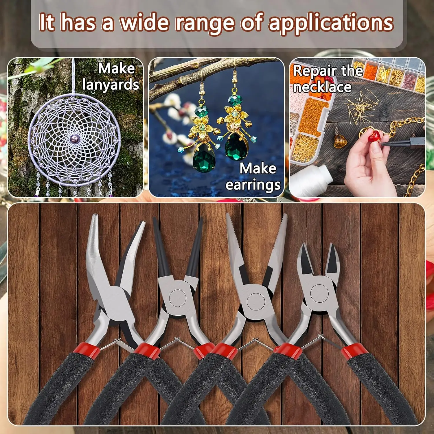 6Pcs Jewelry Pliers Set - Wire Cutters, Round Nose, Needle Nose, Bent Nose Pliers with Tweezers & Jump Ring Opener