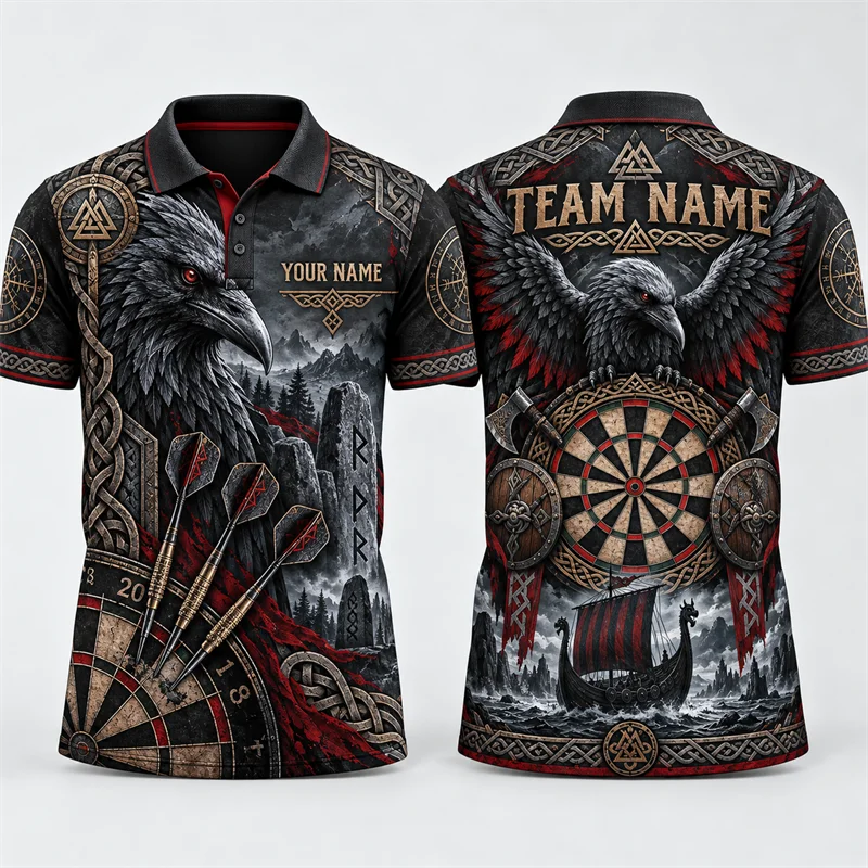 Custom Team Name Darts Polo Shirt Men Personalized Lightning Wolf Raven Poker Deer Graphic Short Sleeve Sports Tournament Jersey