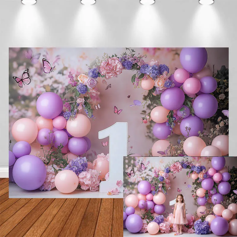 LS Photography Background Purple Pink Balloon Arch Butterfly 1 Letter Decor Birthday Baby Shower Kids Portrait Photo Backdrop