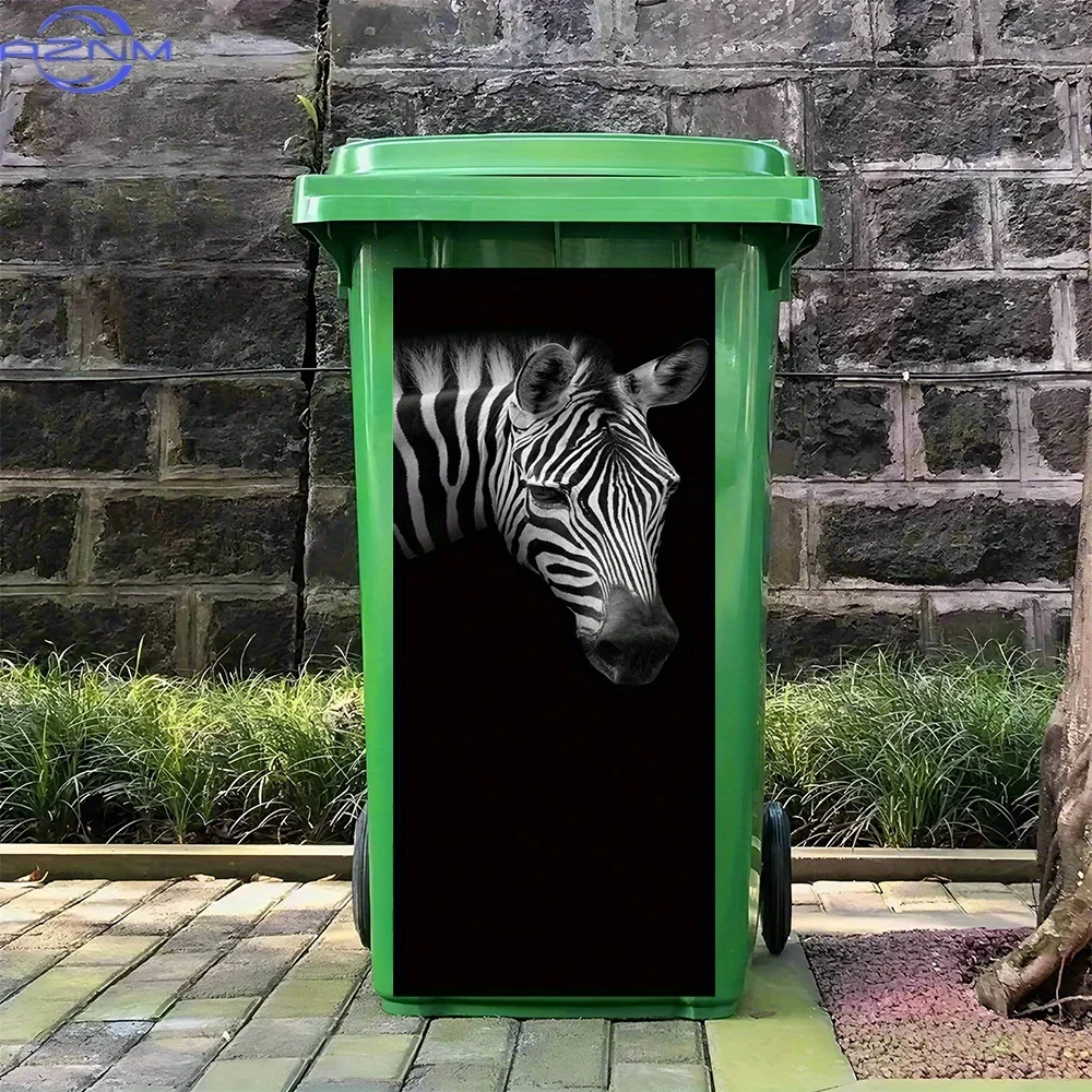1pc Black - and - White Animal Pattern of a Close - up of a Zebra's Head on a Black Background - PVC Adhesive Trash Can Sticke