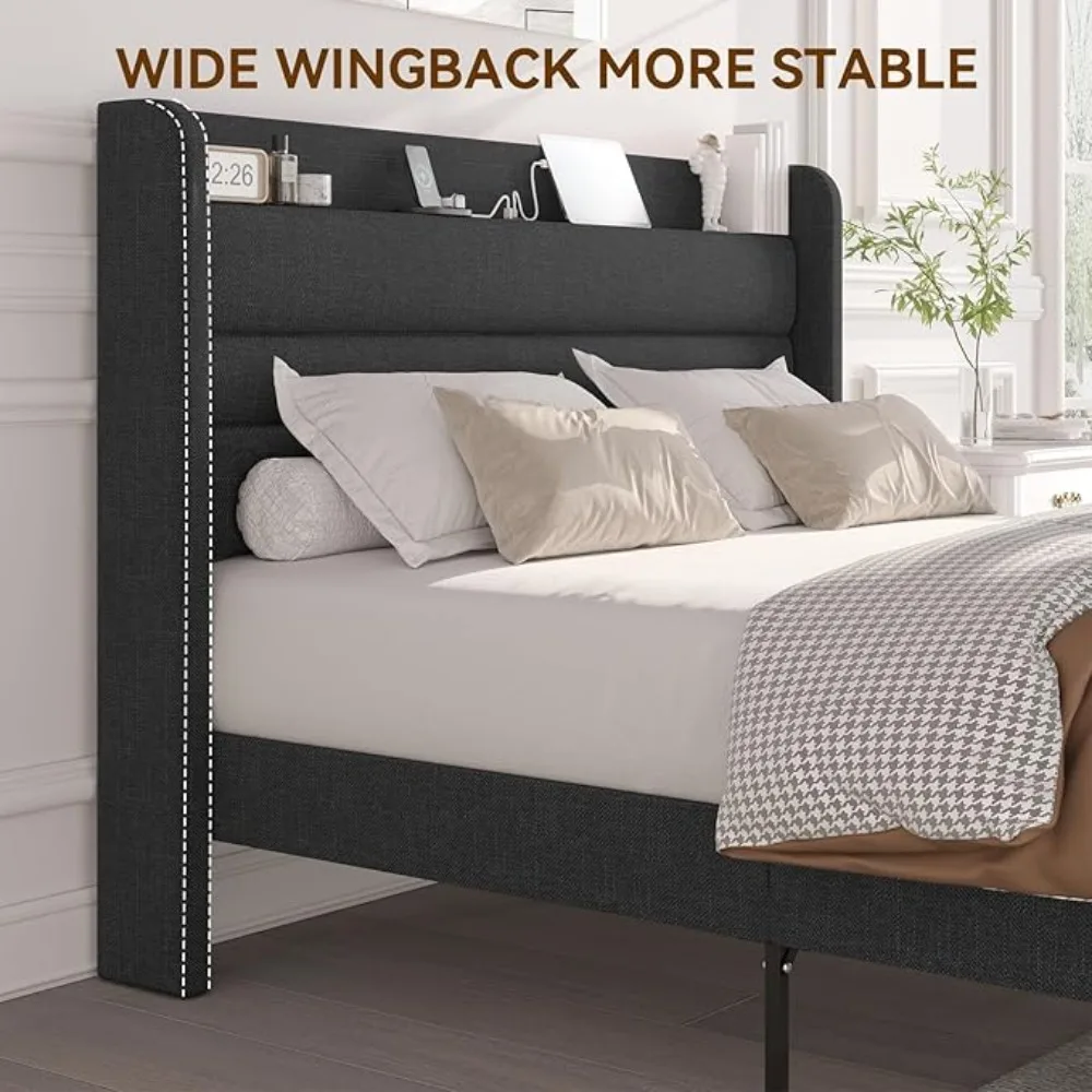 Estrutura de cama com estação de carregamento, portas tipo C e USB, cama king size estofada em linho com prateleira de cabeceira de armazenamento Wingback pesada