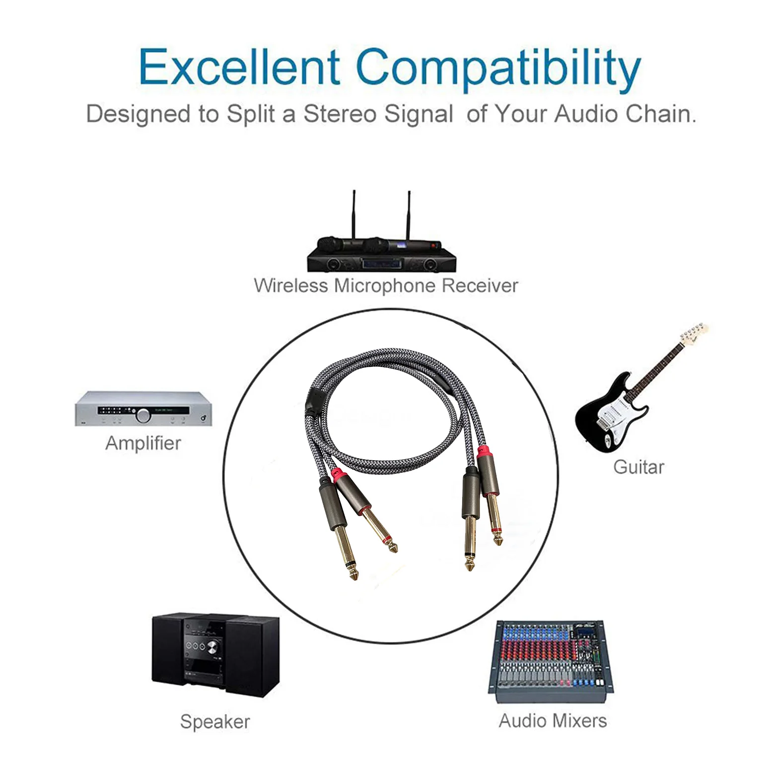 Dubbele 6,35 mm 1/4 TS naar dubbele 1/4 TS-stereokabel, connector