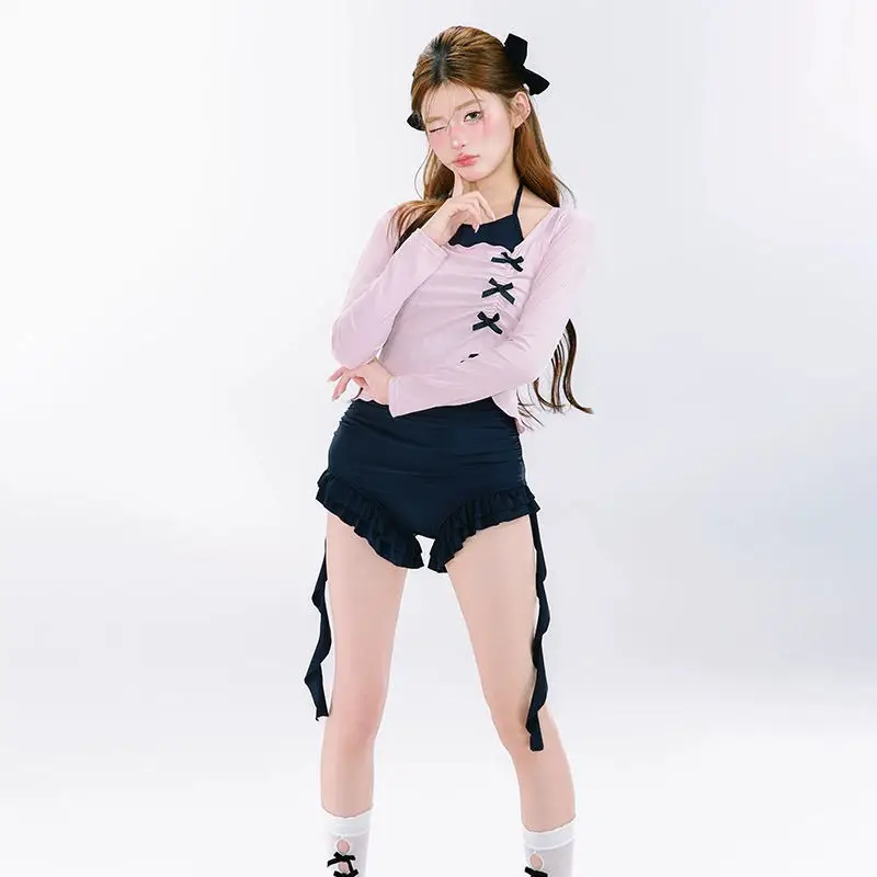 Costume da bagno intero a maniche lunghe per ragazza dolce e piccante in stile giapponese Harajuku, set da due pezzi con grembiule sottile per le vacanze primaverili