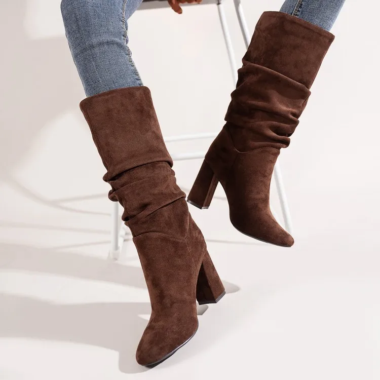 KM-ROYA Newly 2026 Winter Shoes 9CM Heel Mid-Calf Boots Fashion Suede Folds Fashion High Top High Heel Women's Boots