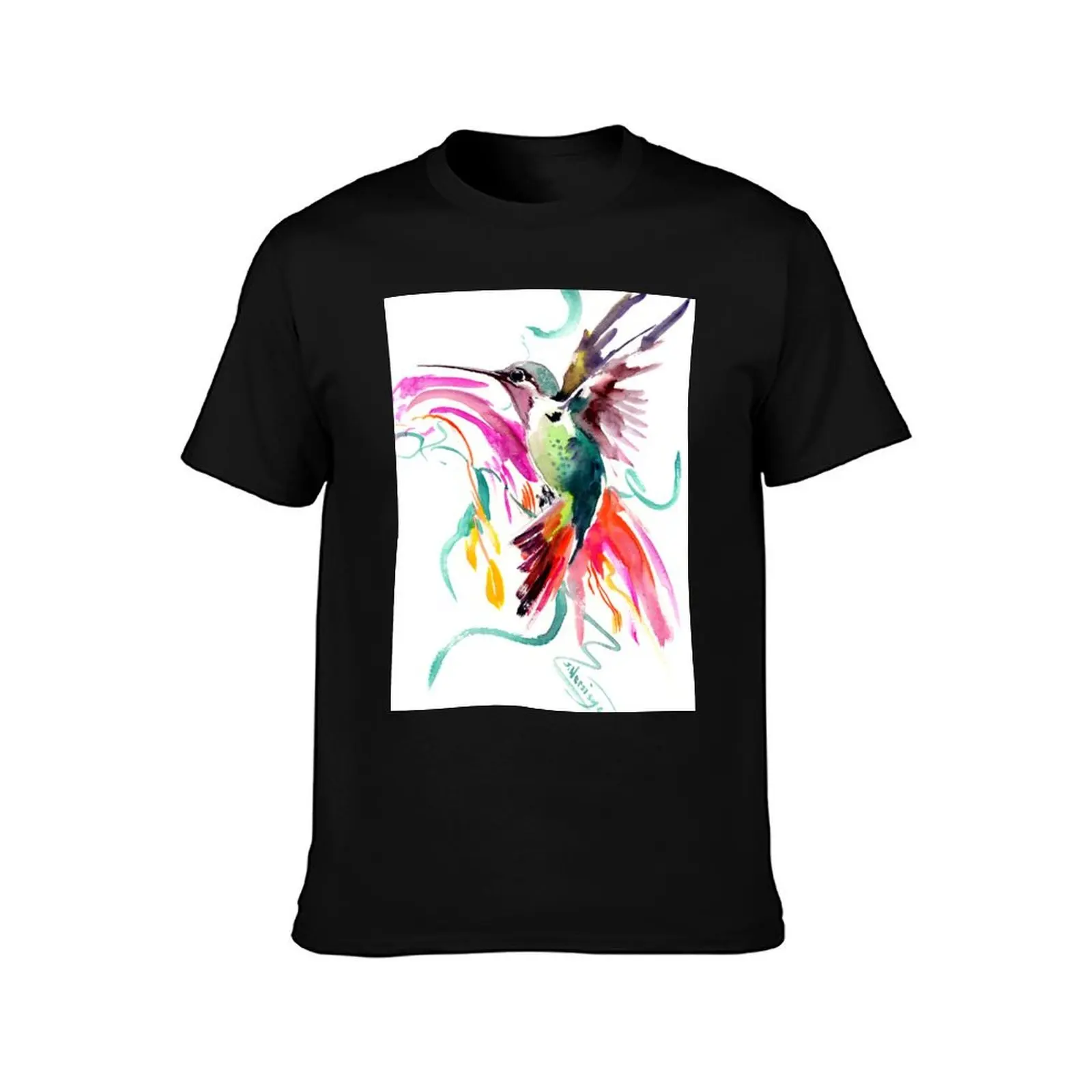 Flying Hummingbird and Abstract Flowers, Turquoise, pink watercolor bird artwork T-Shirt cotton t shirts high quality T-Shirt