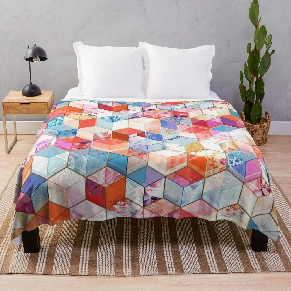 

Coral, Cream and Cobalt Kaleidoscope Cubes Throw Blanket Cozy Throw Blanket for Bed Sofa Chair
