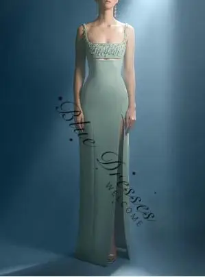 

customized Evening Dress Customized Sqaure Neck Sleeveless Crystal High Slit Floor Length Dancing Party Gown Straight Prom Dress