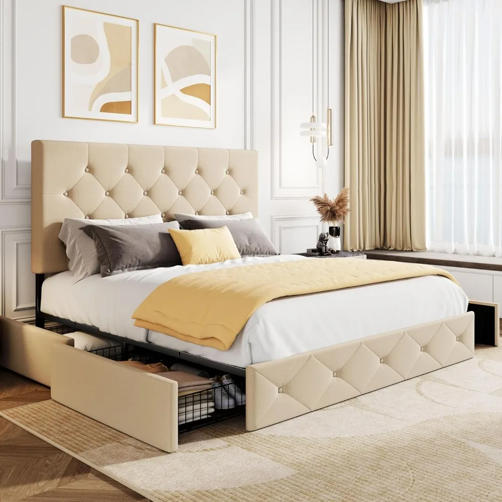 Upholstered Queen Size Platform Storage Bed Frame with 4 Drawers, Adjustable Headboard with Diamond Button Tufted Design