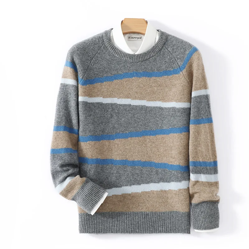 

100% Pure Wool Sweater Men Round Neck Thick Color Block Sweater Loose Casual Top Warm Cashmere Knitted Base Shirt