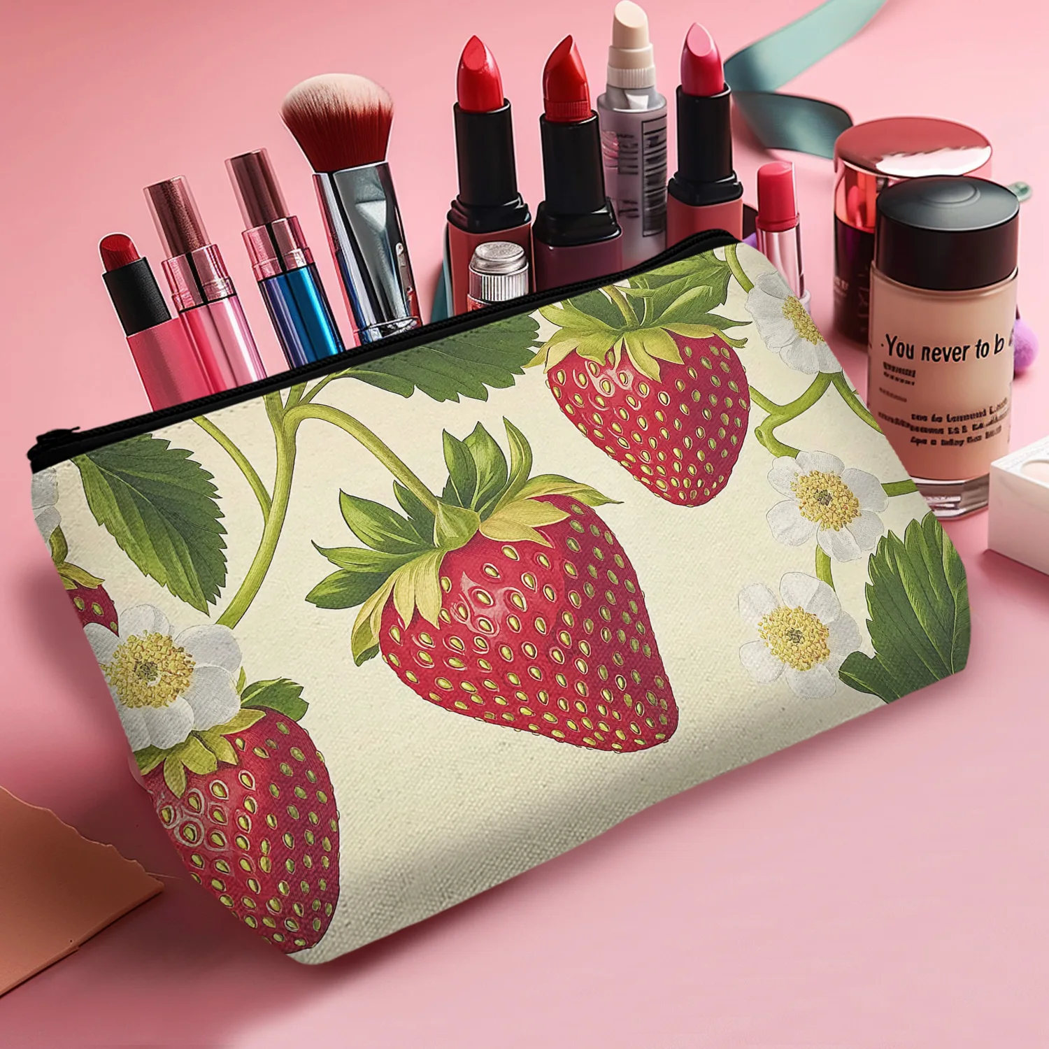 1 Pc Strawberry Cosmetic Pouch For Women Makeup Bags Roomy Toiletry Pouch Portable Washing Bag Adorable Storage 8.66x5.51Inch