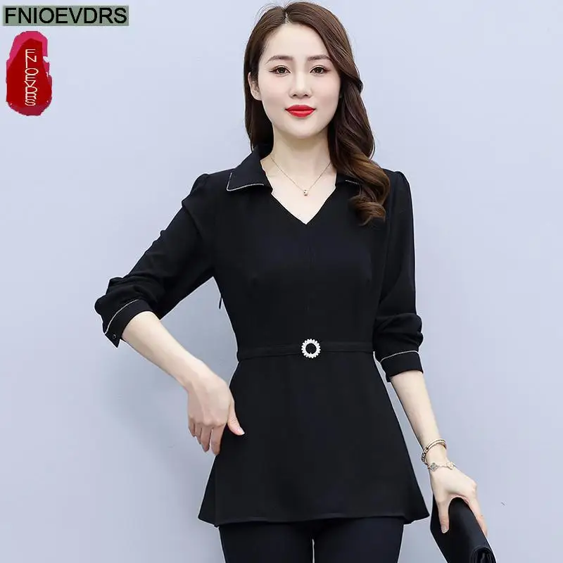 Loose Clothes Women 2024 Autumn Winter Elegant Office Lady Bling Button Shirts Black Retro Vintage Tunic Peplum Tops Blouses