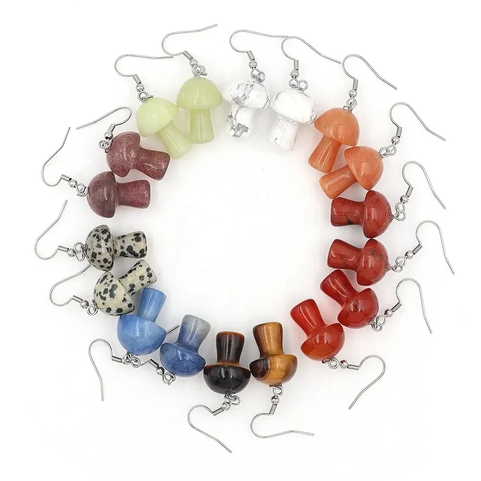6pairs/lot Natural Quartz Mushroom Crystal Crafts Stone Pendant Charms Earrings Kinds of Colors